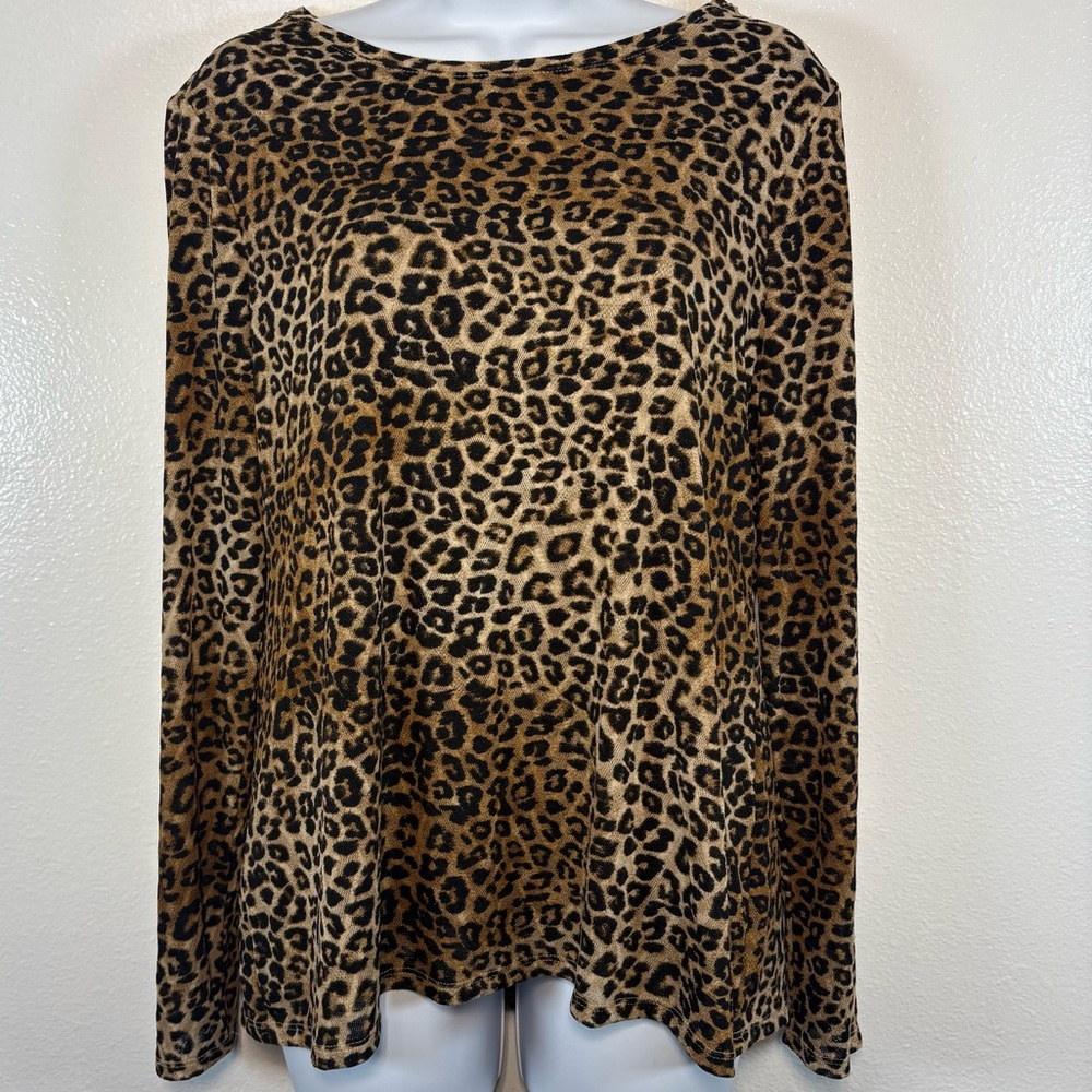Chico's Brown Leopard Long Sleeve Fully Lined Crew Neck Blouse  Sz0 S Mobwife